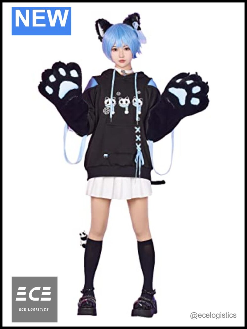 Micotaku Women's Pullover Hoodie Detachable Bag Furry Cat Paw Gloves